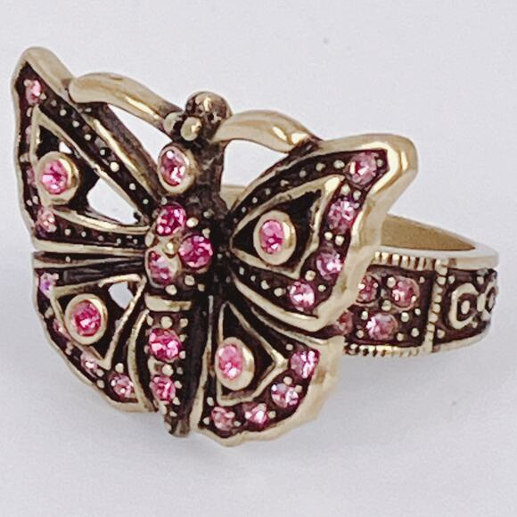 Signed Heidi Daus Pink Swarovski Crystal Butterfly Gold Tone Ring Size 6.75 VTG - Picture 5 of 12